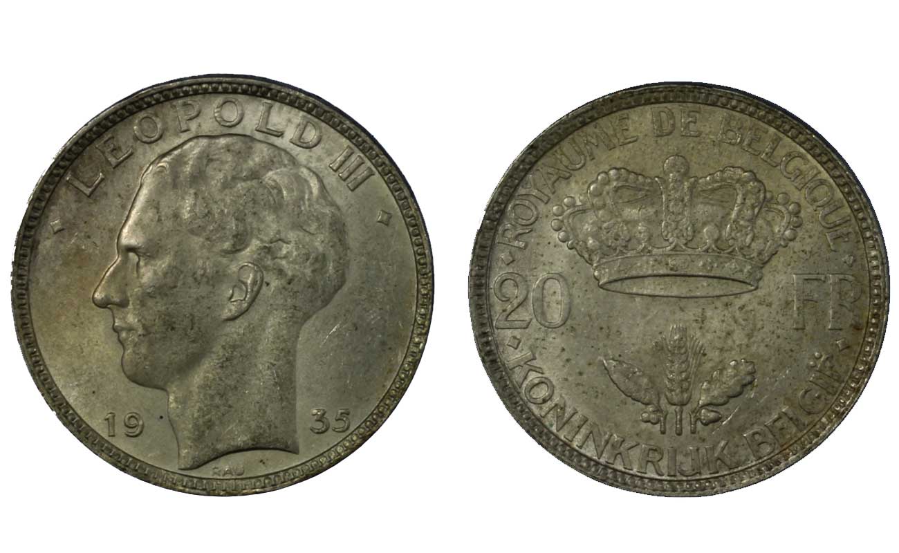 Leopoldo III - 20 franchi gr. 11,00 in ag.680/000