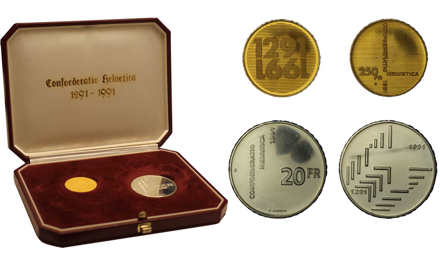 Serie da 250 franchi gr. 8,00 in oro 900/000 e da 20 franchi gr. 20,00 in ag. 835/000 - conf.originale
