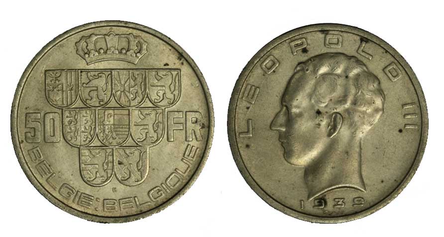 Leopoldo III - 50 franchi gr. 20,00 in ag.835/000