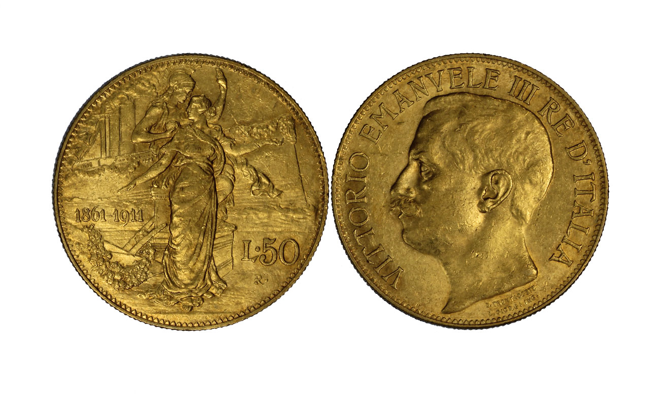 "Cinquantenario" - Re Vittorio Emanuele III - 50 lire gr.16,13 in oro 900/°°°