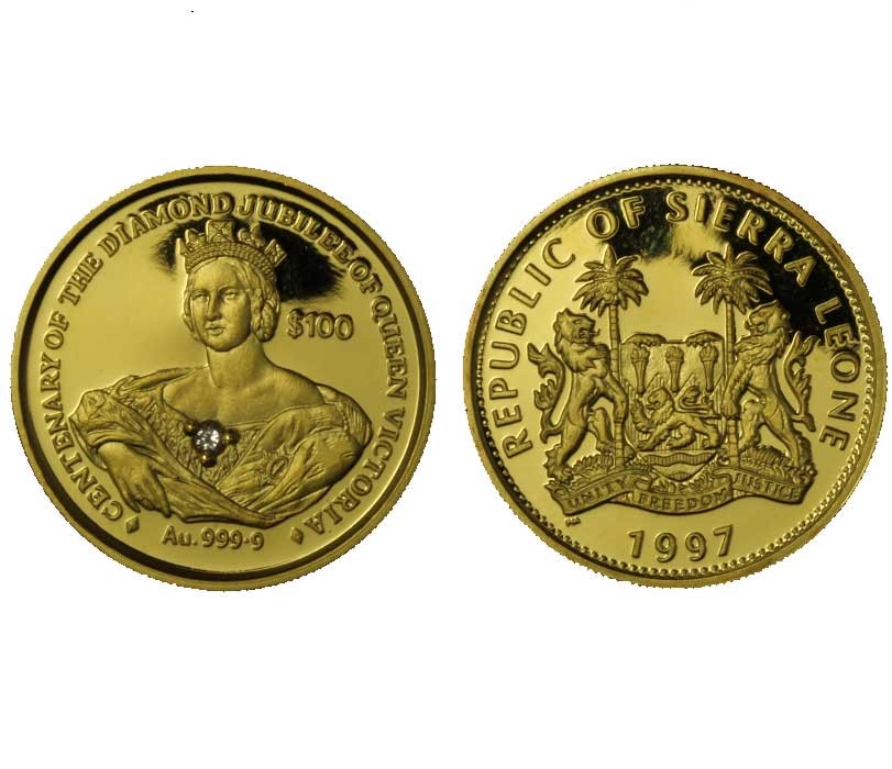 Regina Vittoria - 100 dollari gr. 6,22 in oro 999/000 con diamante