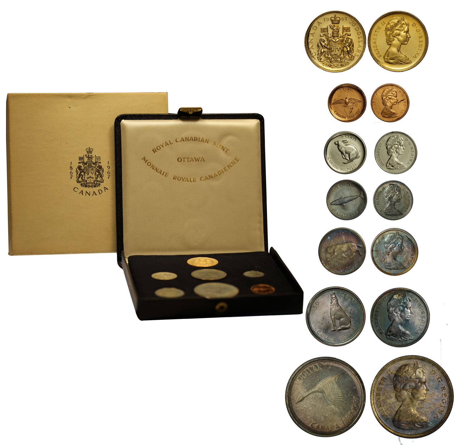 "Centenario" - Serie da 20 dollari gr.18,27 in oro 900/000 - 1 dollaro e 50-25-10 cent in ag. - 5 cent in nickel - 1 cent in bronzo - conf. originale
