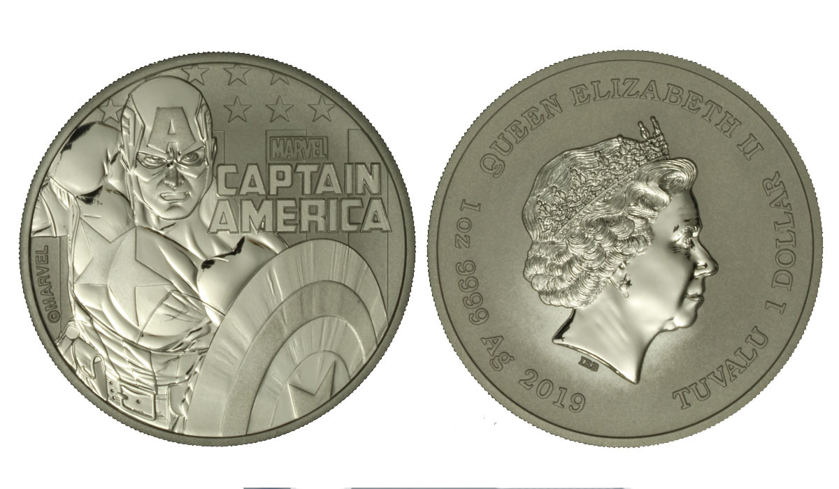 "Marvel - Captain America" - moneta da 1 dollaro (1 oncia) gr. 31,10 in ag 999/