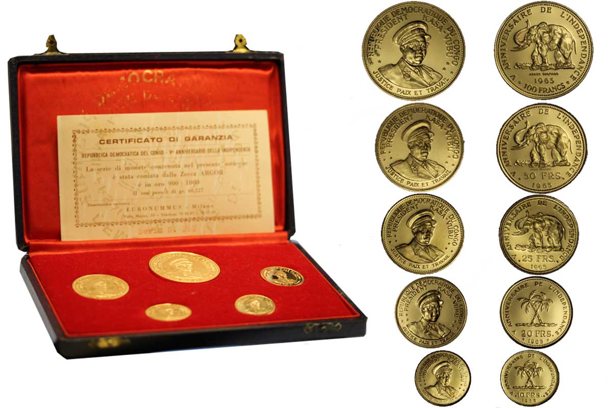 Serie da 100-50-25-20-10 franchi gr. complessivi 65,72 in oro 900/000 - conf. originale
