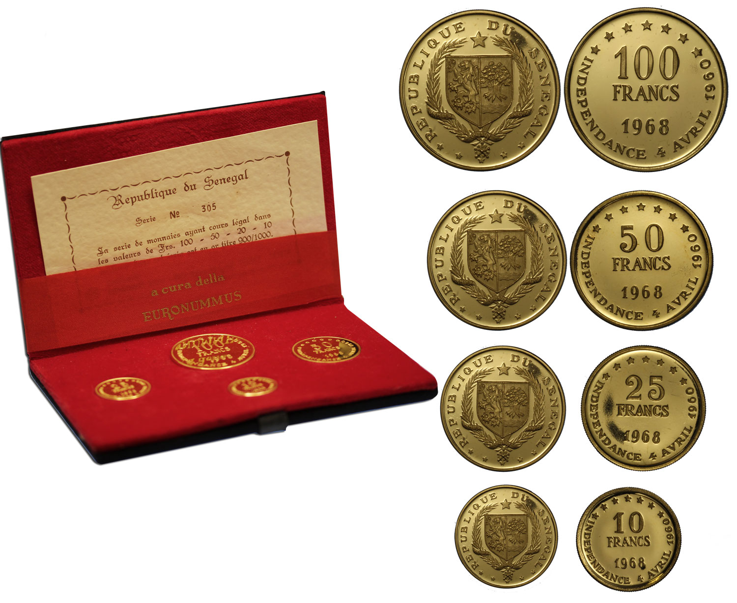Serie da  100-50-25-10 franchi gr. complessivi 59,20 in oro 900/000 - conf. originale 