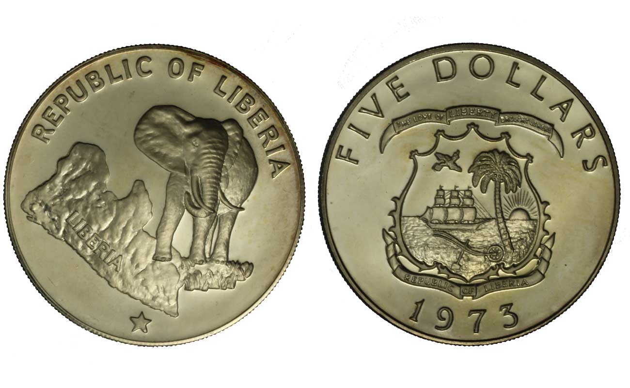 "Elefante" - 5 dollari gr. 34,10 in ag. 900/000 - Lotto di 5 pezzi