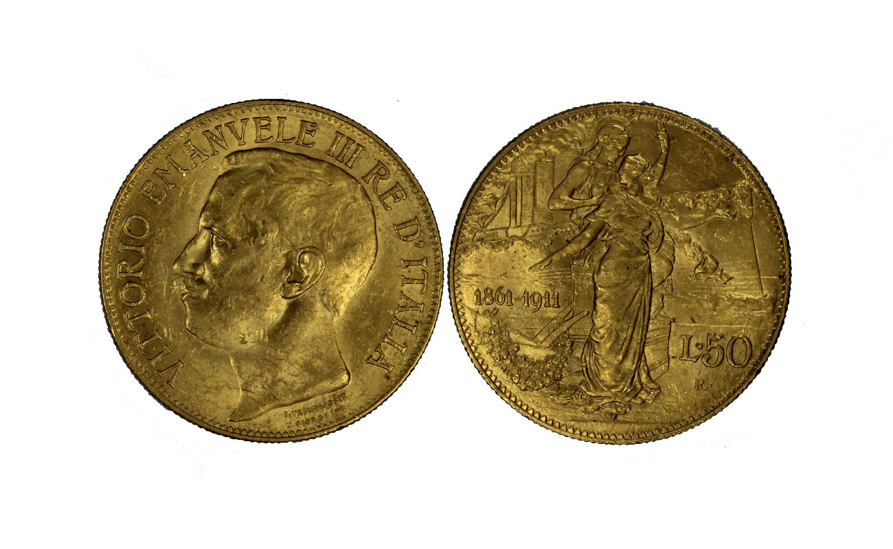 "Cinquantenario"- re Vittorio Emanuele III - 50 lire gr.16,13 in oro 900/
