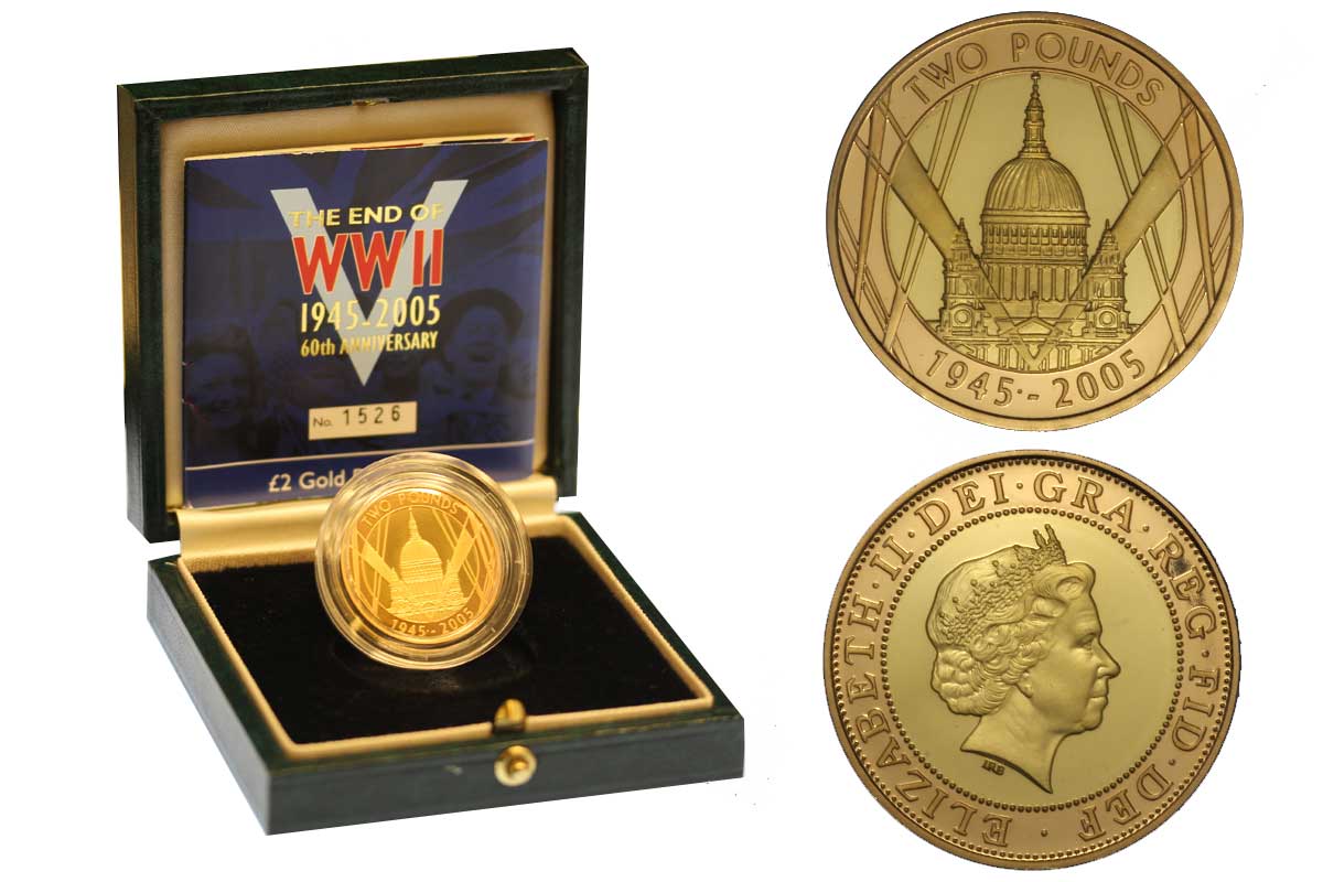 60 Anniv. fine Seconda Guerra Mondiale - 2 sterline gr. 15,96 in oro 917/000 - conf. originale