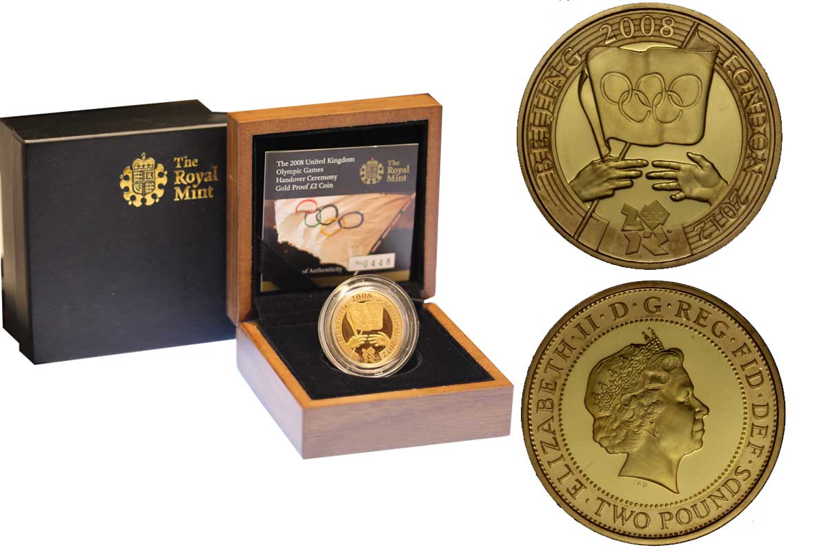 Cerimonia di passaggio di consegna delle Olimpiadi - 2 sterline gr. 15,96 in oro 917/000 - conf. originale