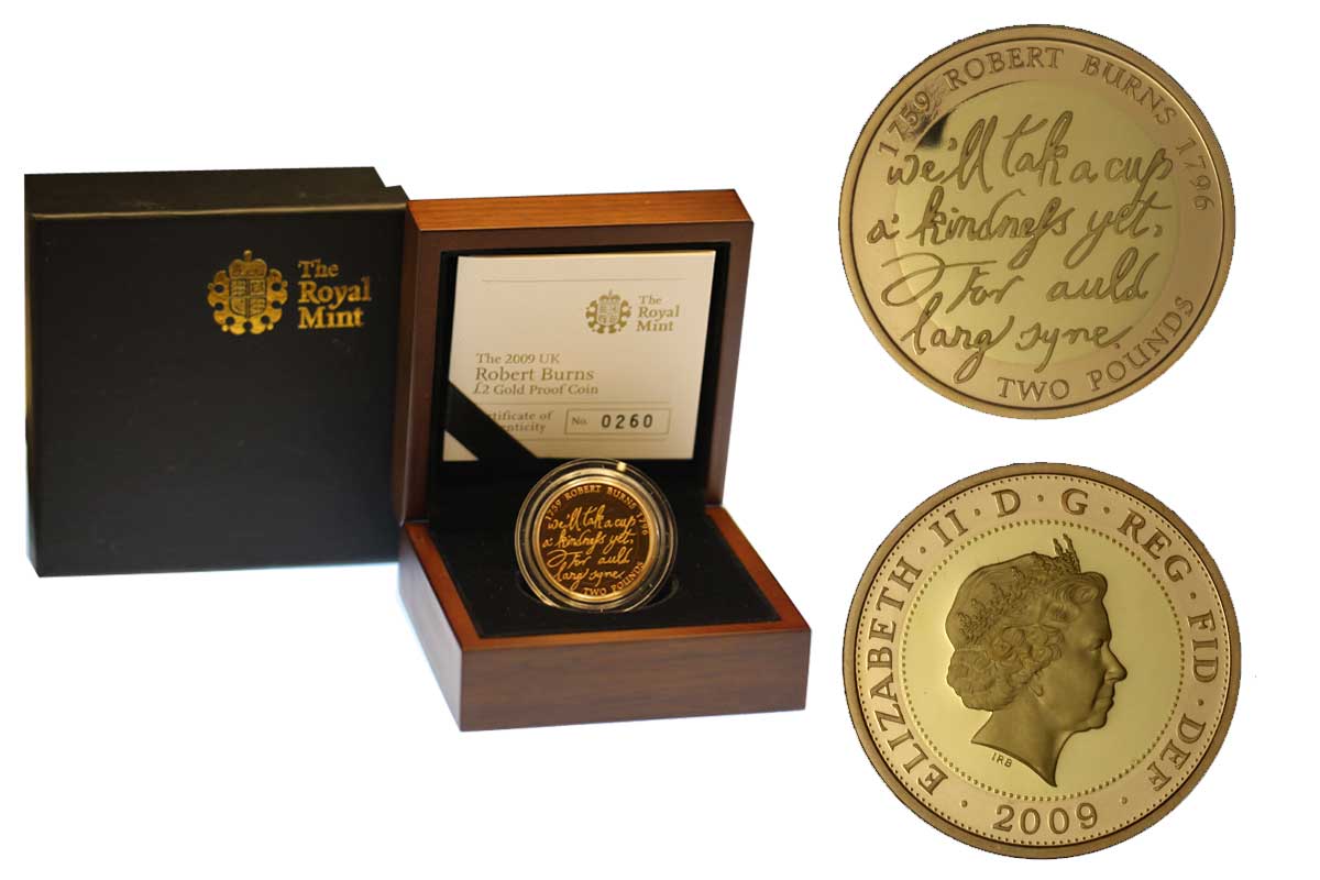 Robert Burns - 2 sterline gr. 15,96 in oro 917/000 - conf. originale