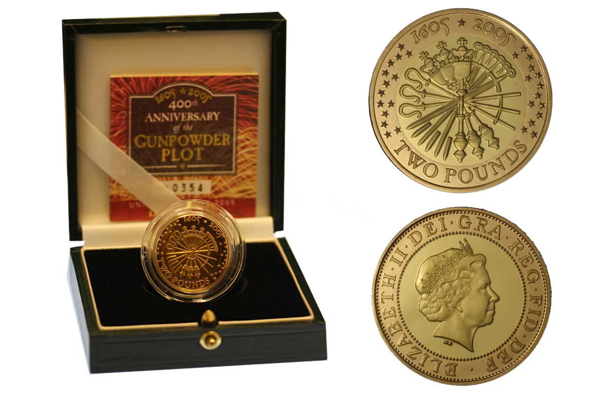 Congiura delle Polveri - 2 sterline gr. 15,96 in oro 917/000 - conf. originale
