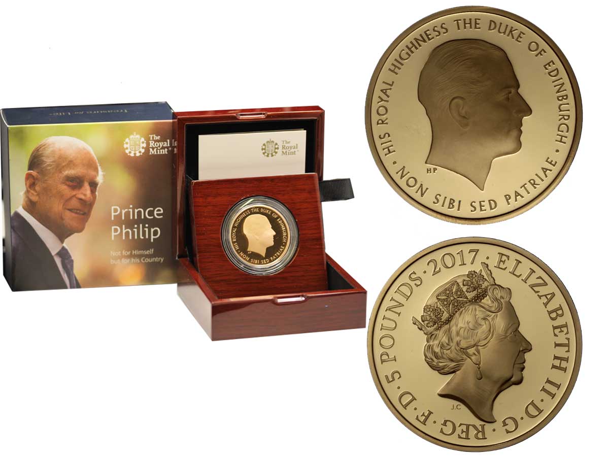 Principe Filippo - 5 sterline gr. 39,94 in oro 917/000 - conf. originale - Tiratura 350 pz