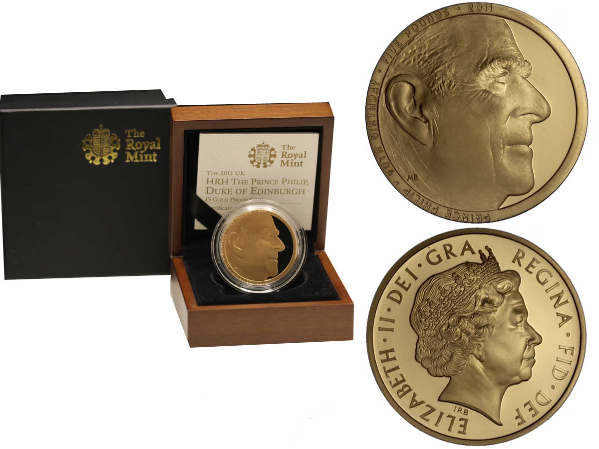 Principe Filippo, Duca di Edinburgo - 5 sterline gr. 39,94 in oro 917/000 - conf. originale