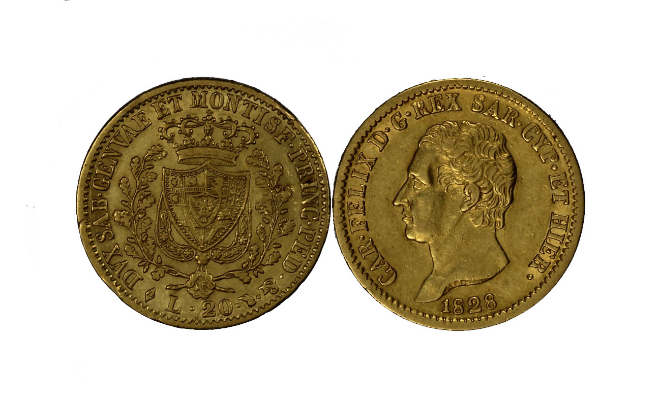Re Carlo Felice - 20 lire gr. 6,45 in oro 900/ - L in losanga