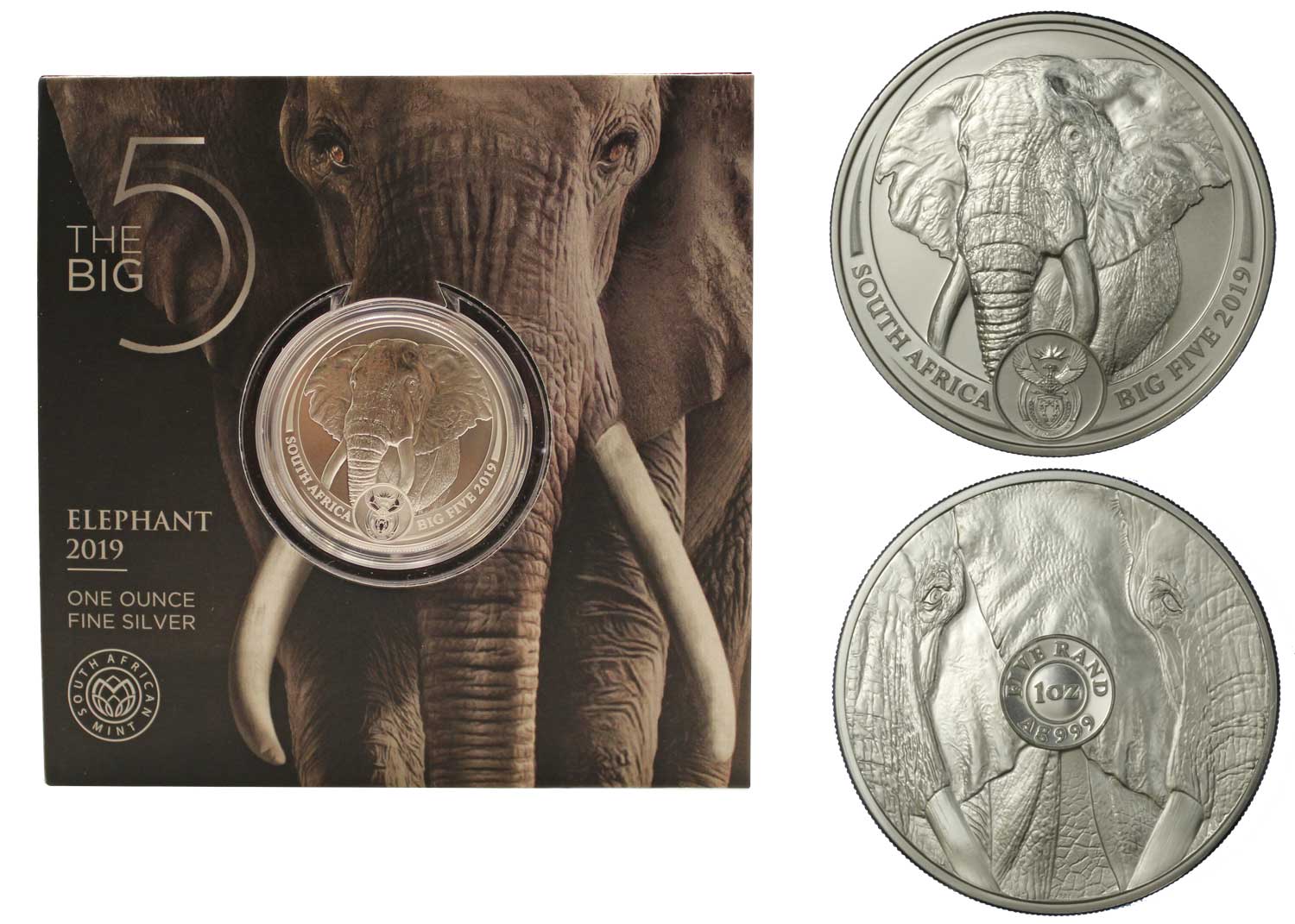 "Serie Big Five - Elefante" moneta da 5 Rand gr. 31,103 in ag. 999/000 in folder