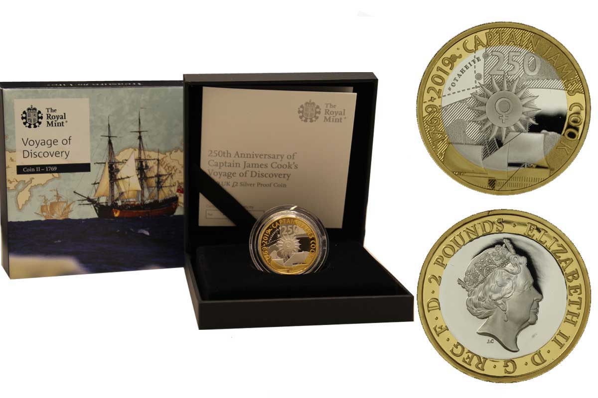 "James Cook - 2a emissione" - Moneta da 2 sterline gr.12,00 in ag 925/ anello esterno placcato in oro