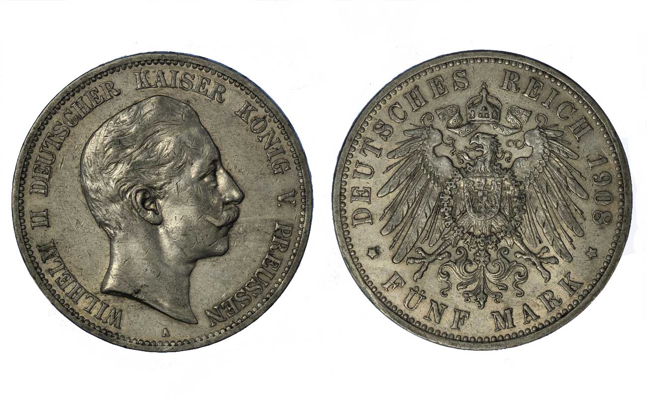 Prussia - Gugliemo II 5 marchi gr.27,78 in ag.900/000 