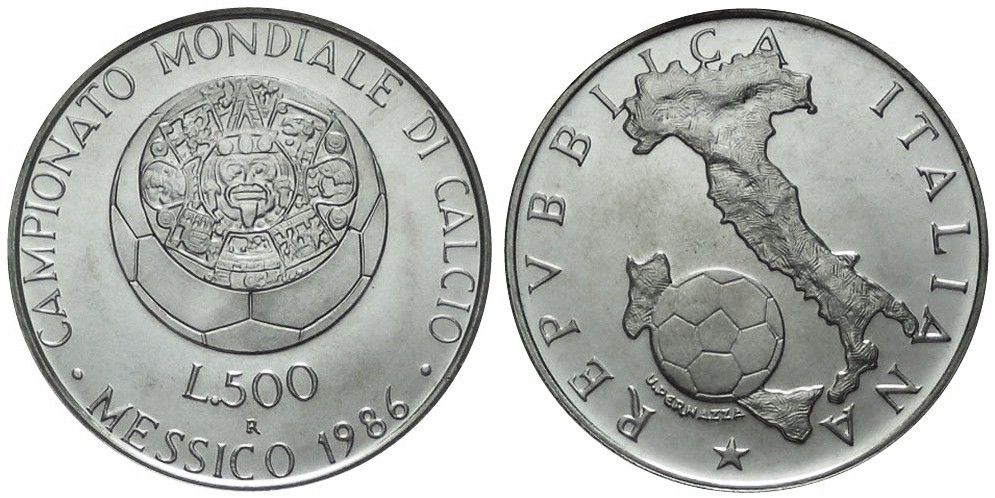 "Mondiali Messico" - Monete da Lire 500 gr. 11,00 in ag.835/ - Lotto di 10 pezzi in conf. originali