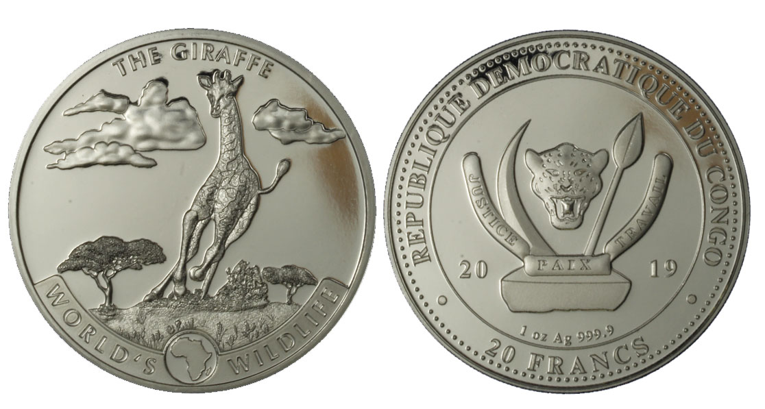 "Serie Wildlife - Giraffa" - moneta da 20 franchi (1 oz) gr. 31,10 in ag.