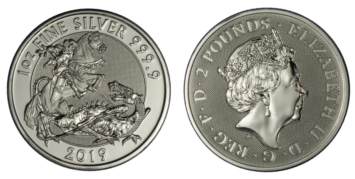 "San Giorgio e il Drago" - moneta 2 sterline (1 oz) gr. 31,10 in ag. 999/000