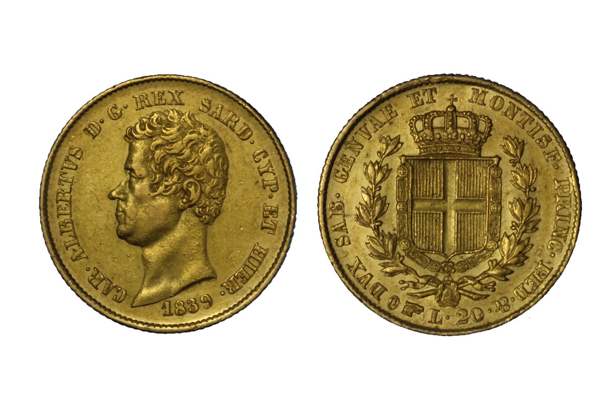 Carlo Alberto - 20 lire zecca di Torino gr.6,45 in oro 900/