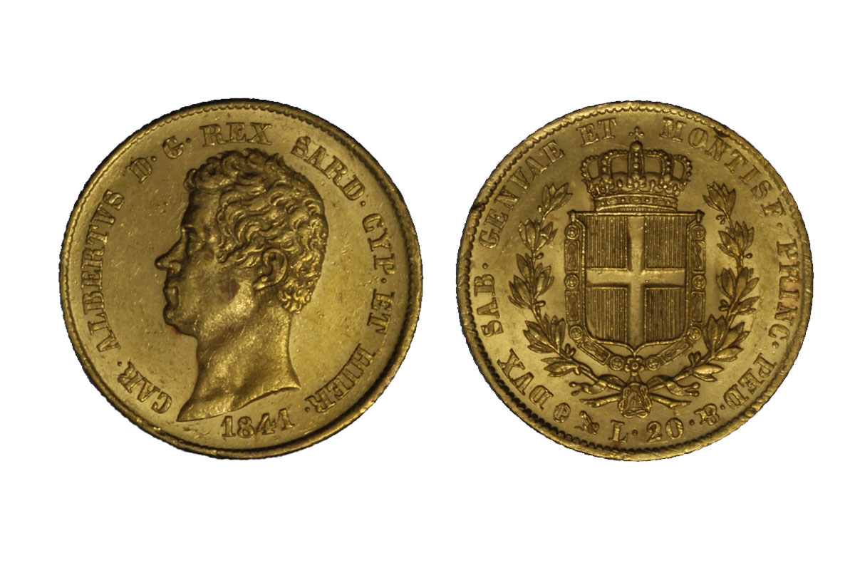 Carlo Alberto - 20 lire zecca di Genova gr.6,45 in oro 900/