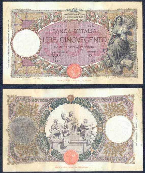 Vittorio Emanuele III - cinquecento lire "Mietitrice" - dec. min. 22-12-1937