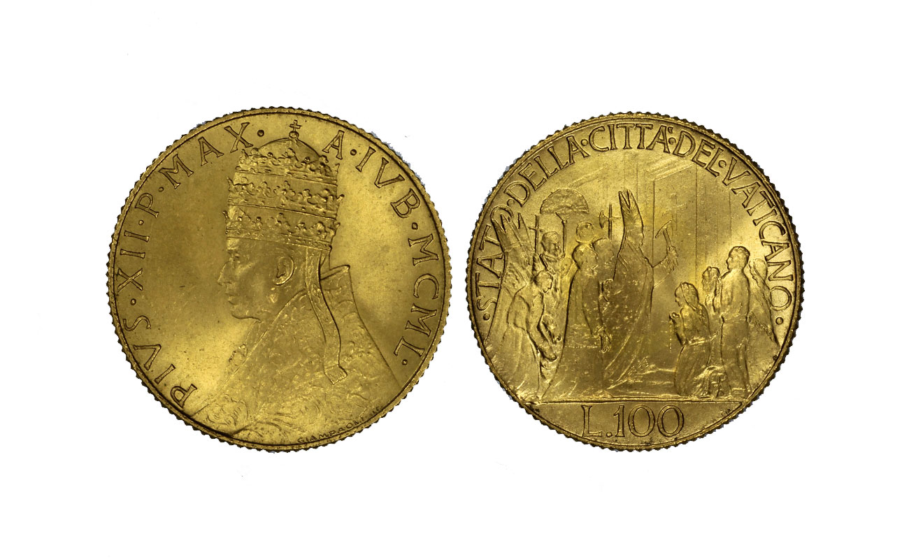 Papa Pio XII - 100 lire gr. 5,19 in oro 900/°°° - leggero segno di montatura