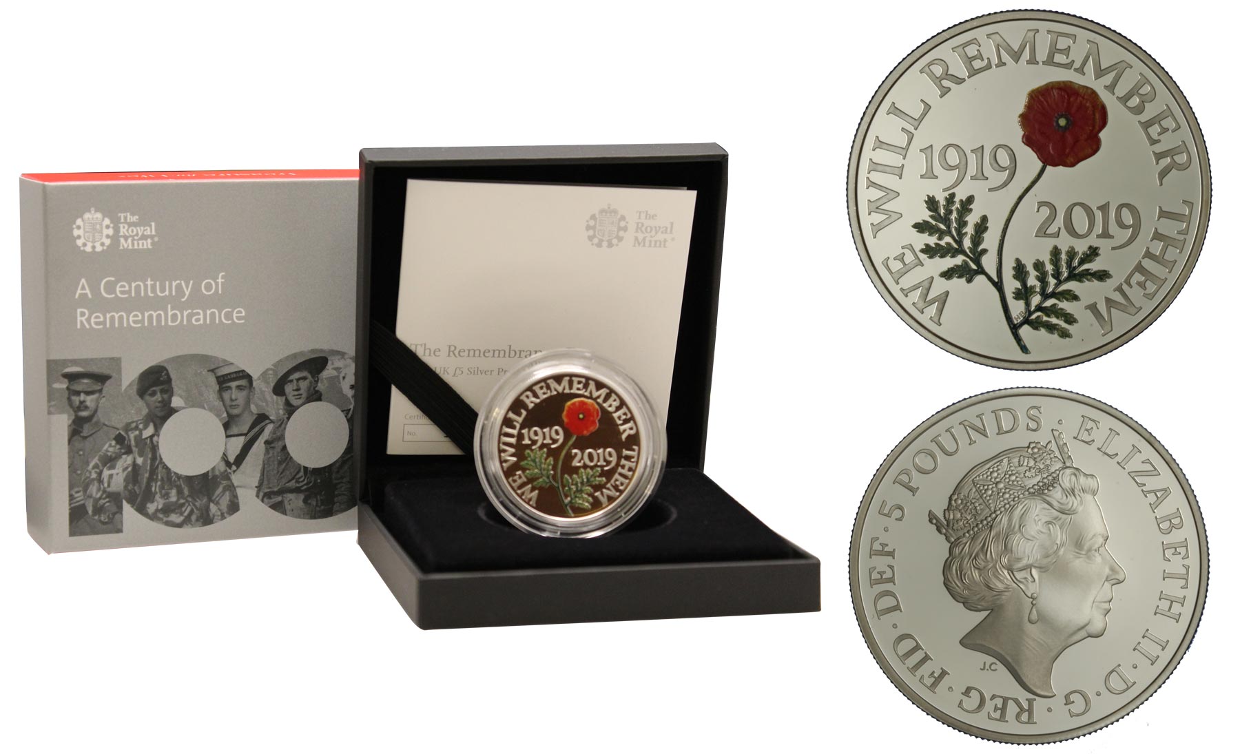 "Remembrance Day - Caduti della I Guerra mondiale" - Moneta da 5 sterline gr. 28,28 in ag. 925/000