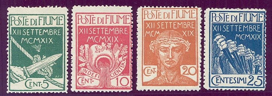 Anniversario dell'ingresso dei Legionari a Fiume - serie completa di 4 francobolli, nuovi e perfetti, con certificato di garanzia.