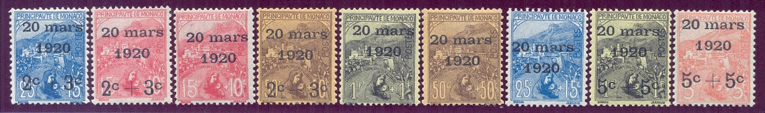Matrimonio della Principessa Carlotta - Serie completa di 9 francobolli, nuovi e perfetti, soprastampati 20 mars 1920.