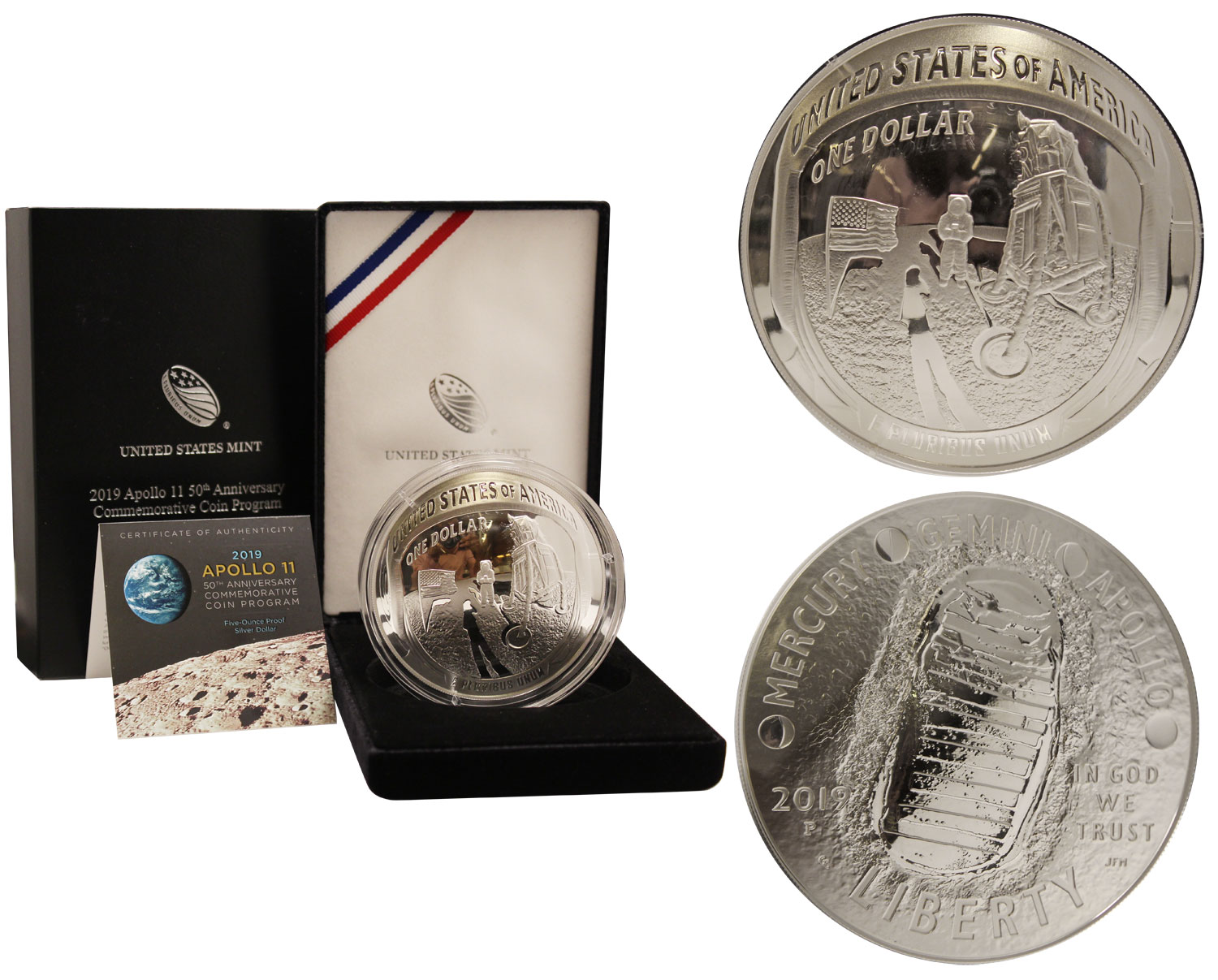  "50 Anniversario dell'Apollo 11" - Moneta concava da 1 dollaro, 5 once diametro 76 mm gr. 155,50 in ag. 999/ 
