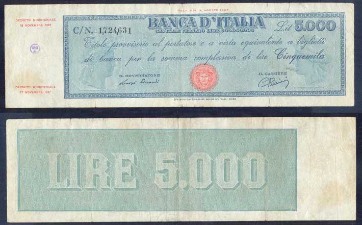 Repubblica Italiana - cinquemila lire "Titolo Provvisorio" - dec. min. 18-11-1947