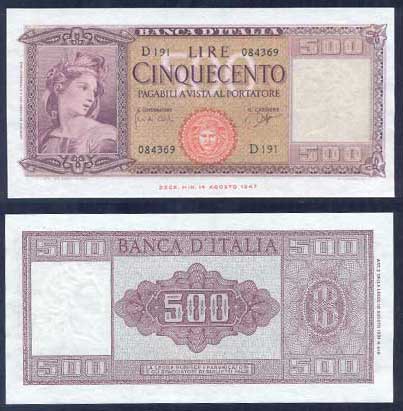 Repubblica Italiana - cinquecento lire "Italia Ornata di Spighe" - dec. min. 23-03-1961 - numero di serie 084369