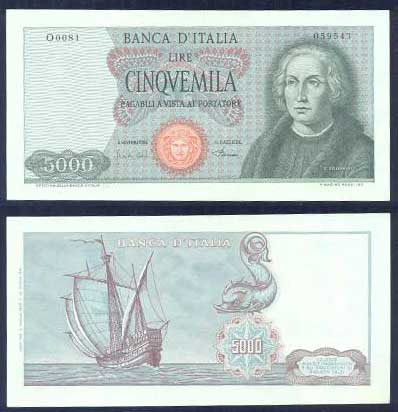 Repubblica Italiana - cinquemila lire "Colombo - 1 Caravella" - dec. min. 04-01-1968