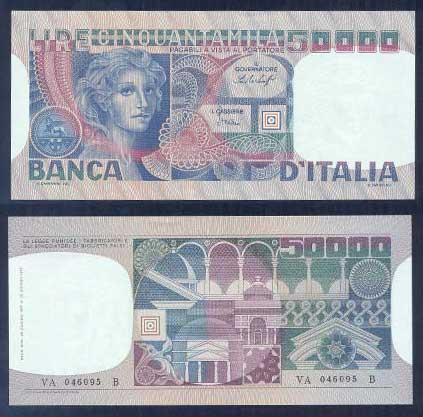 Repubblica Italiana - cinquantamila lire "Volto di Donna" - dec. min. 23-10-1978 - numero di serie VA046095B 