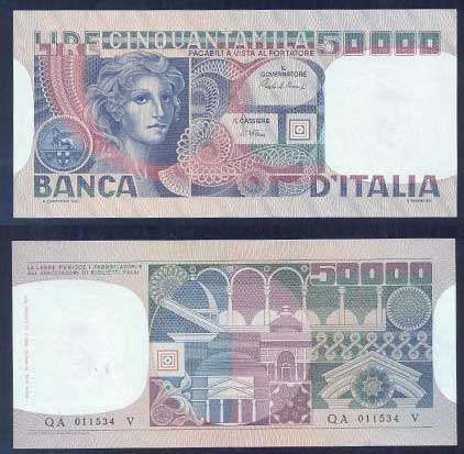 Repubblica Italiana - cinquantamila lire "Volto di Donna" - dec. min. 23-10-1978 - numero di serie QA011534V