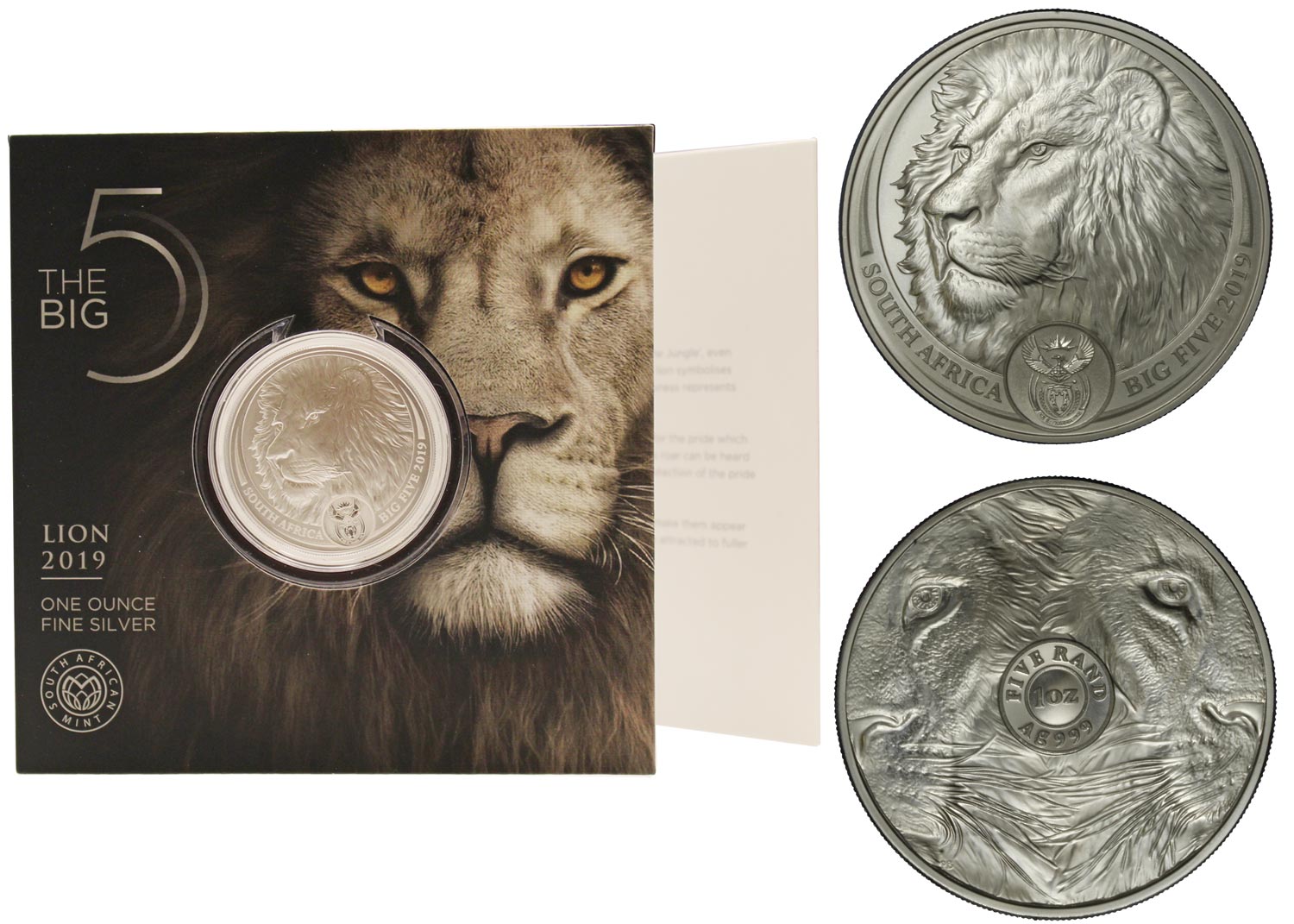 "Serie Big Five - Leone" moneta da 5 Rand gr. 31,103 in ag. 999/000 in folder