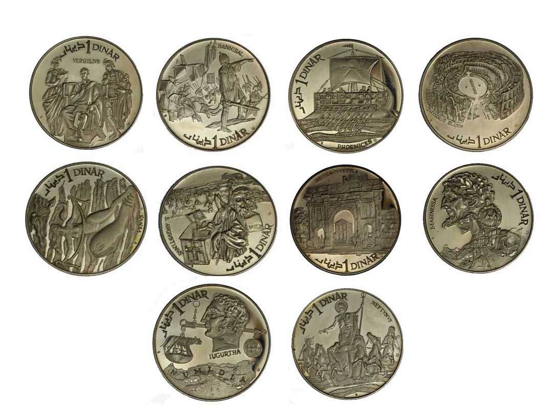 "Storia della Tunisia" - Serie completa di 10 monete da 1 dinar gr. 20,00 in ag. 925/000 - senza confezione originale