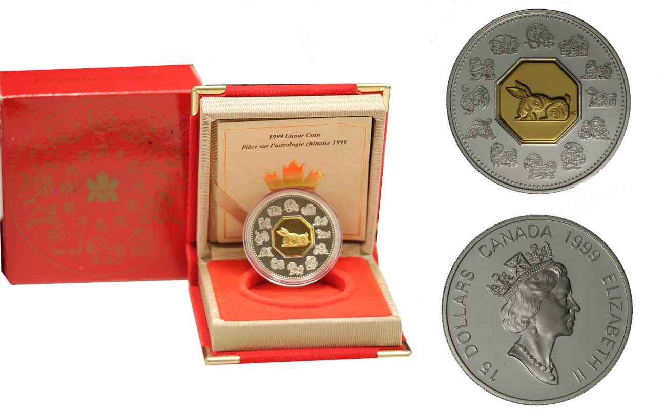 Calendario Lunare - Anno del Coniglio - moneta da 15 dollari gr. 34,00 in ag. 925/000 con cameo in oro 