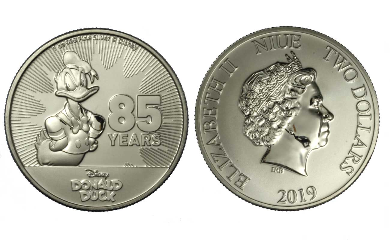 "Paperino" - moneta da 2 dollari gr. 31,103 (1 oncia) in ag.999/000