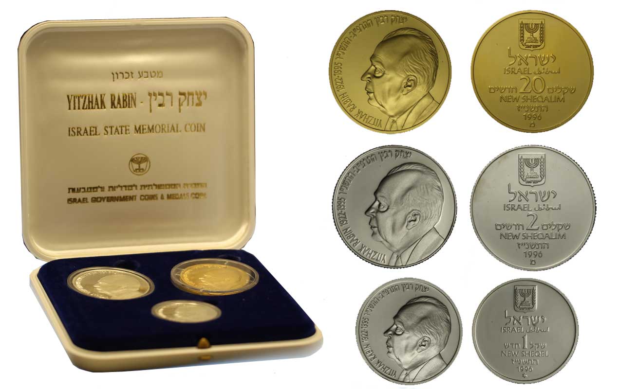 "Yitzhak Rabin" - Serie da 20 New Sheqalim gr. 31,10 in oro 999/000 e da 2-1 New Sheqalim gr. 43,20 in ag. 925/000 - conf. originale
