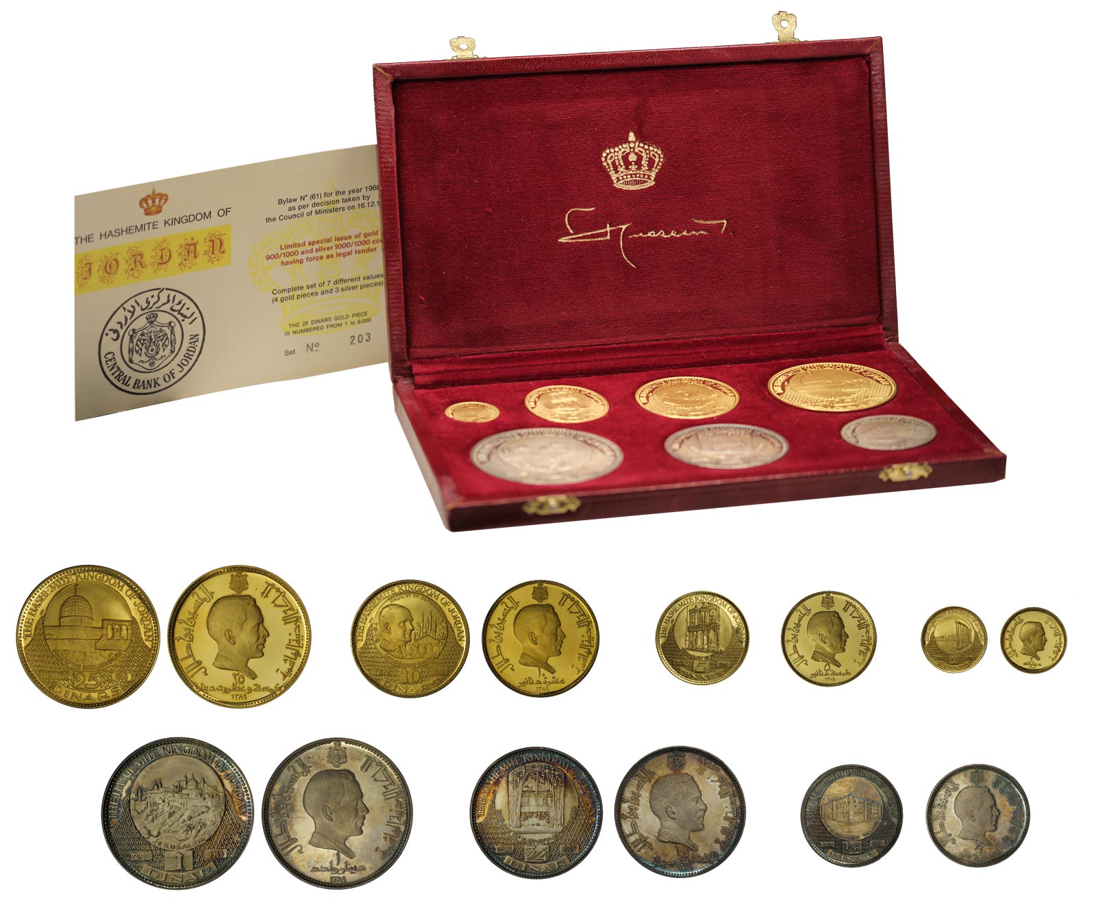 Serie da 25 - 10 - 5 - 2 dinars gr. 116,09 in oro 900/000 e da 1 - 3/4 - 1/2 dinar in ag. 999/000 - conf.originale