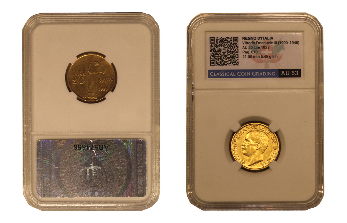 "Fascetto" - Re Vittorio Emanuele III - 20 Lire gr. 6,45 in oro 900/ - In slab