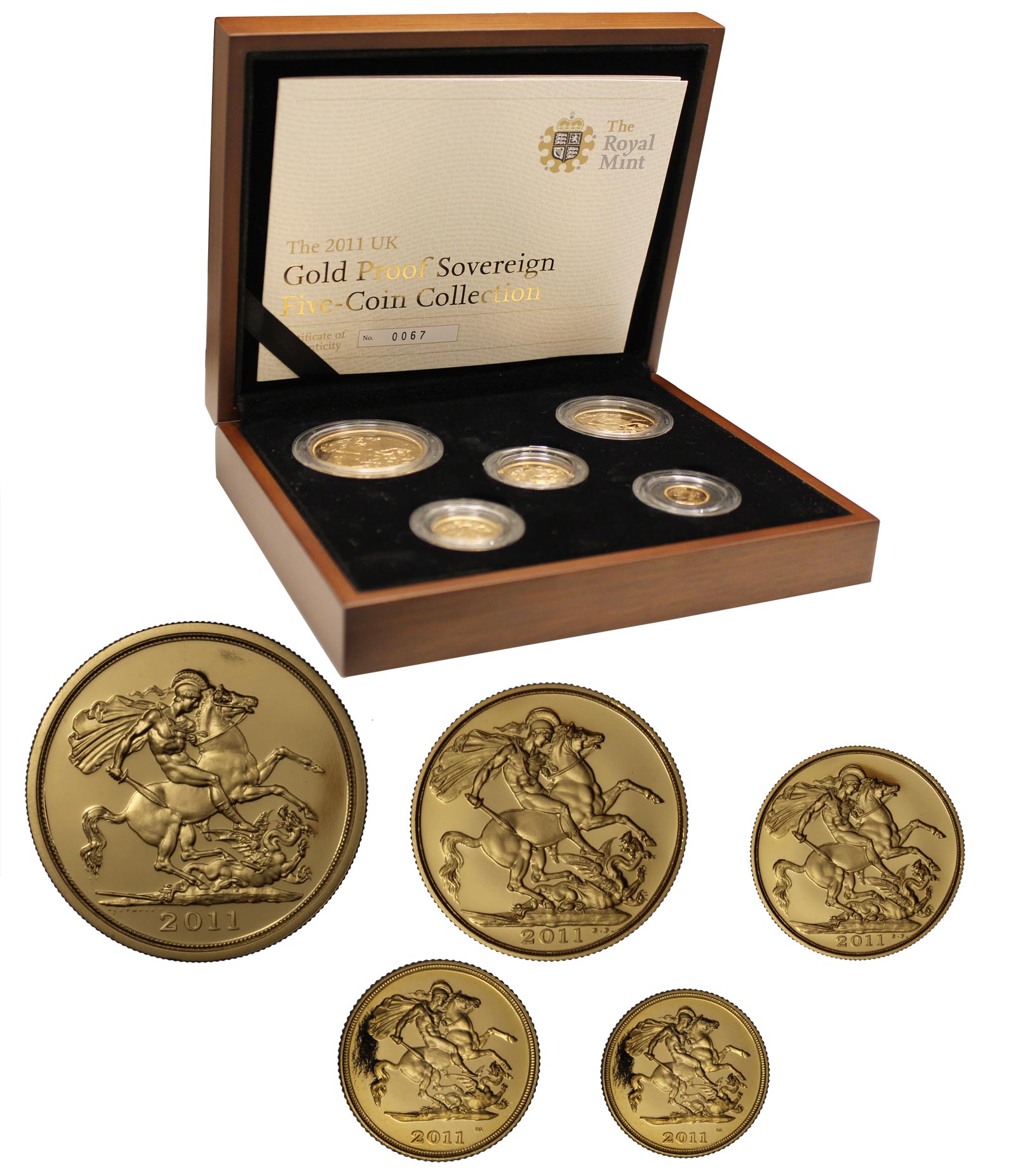Serie di 5 monete da 5 - 2 -1 - 1/2 - 1/4 sterlina gr. 69,82 in oro 917/000 - conf. originale
