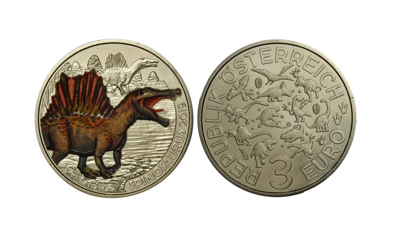 "Serie Dinosauri: Spinosauro" - moneta da 3 euro con dettagli smaltati e fluorescenza
