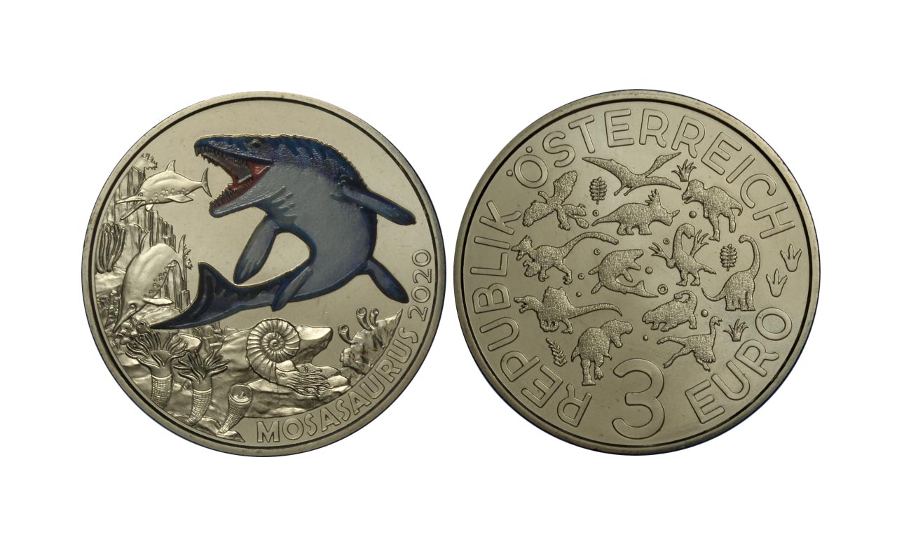 "Serie Dinosauri: Mosasauro" - moneta da 3 euro con dettagli smaltati e fluorescenza