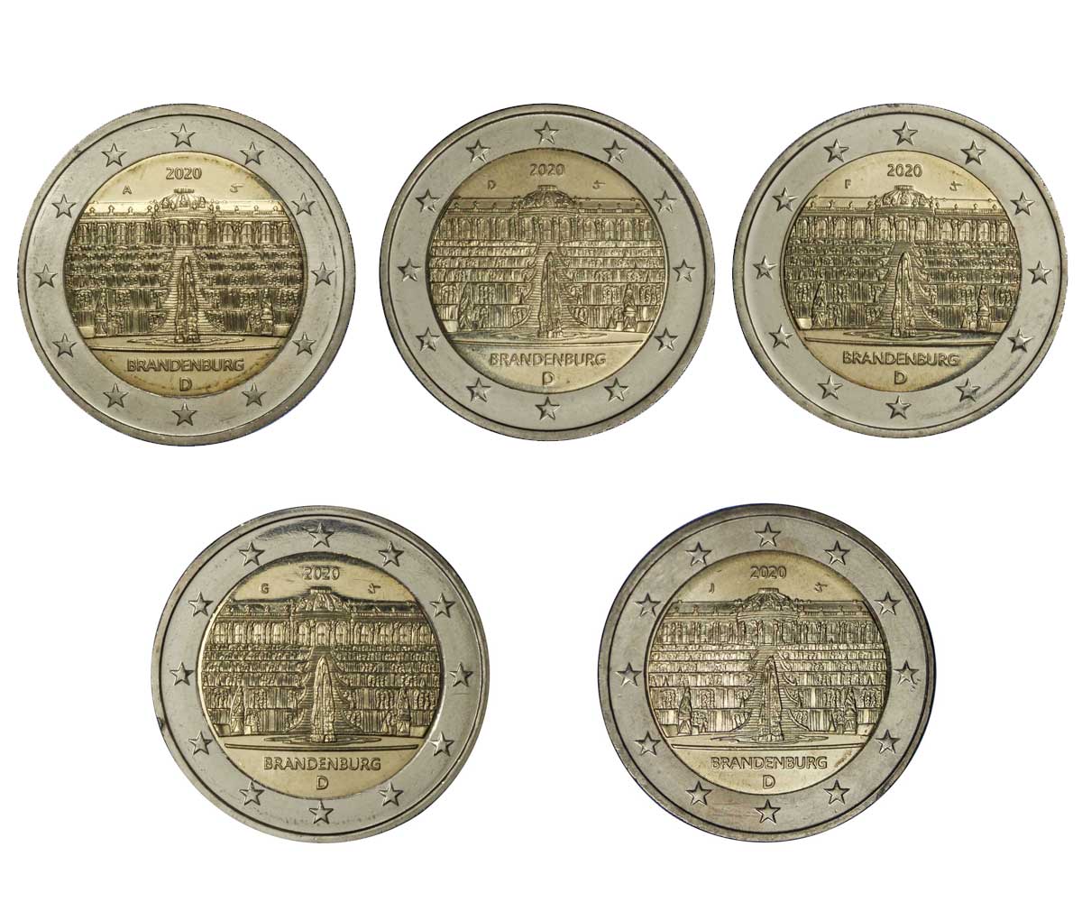 "Palazzo di Sanssouci" - zecche A-D-F-G-J - serie di 5 monete da 2 euro