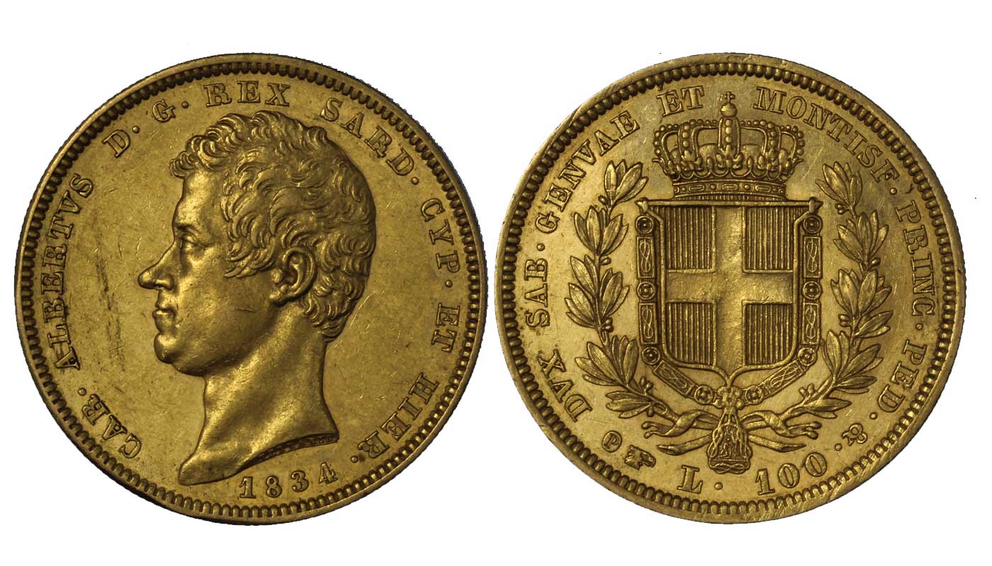 Carlo Alberto - 100 lire zecca di Torino gr.32,25 in oro 900/