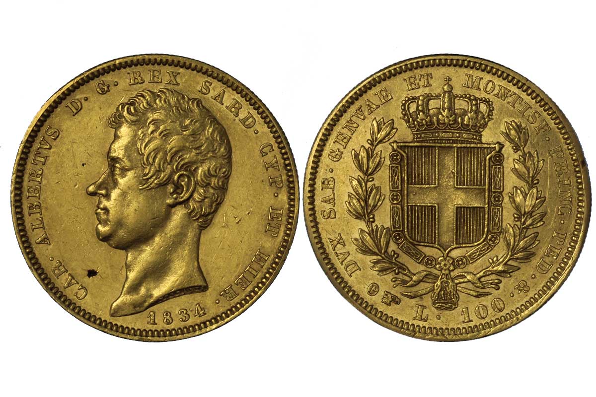 Carlo Alberto - 100 lire zecca di Torino gr.32,25 in oro 900/